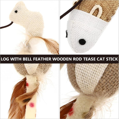 Wooden cat wand toy with a brown string, a small silver bell, a cream fabric mouse, and light brown feathers. - Image 37