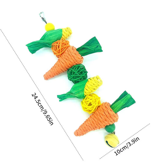 Colorful bird toy with woven straw carrots, corn cobs, braided perches, and a bell, for hanging in a cage. - Image 11