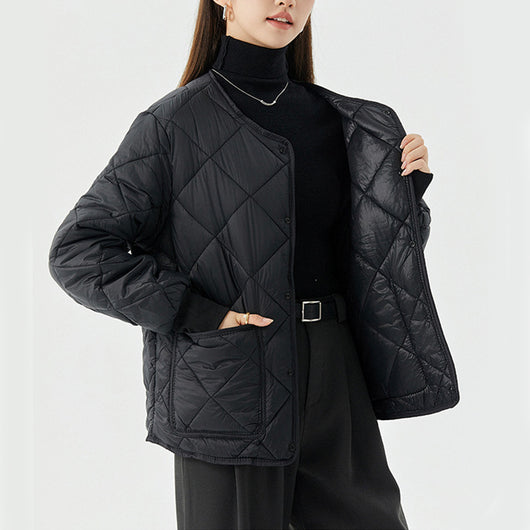 Abrigo Acolchado Rombo para Mujer - Chaqueta Ligera Cálida con Cuello Redondo y Bolsillos - Image 2