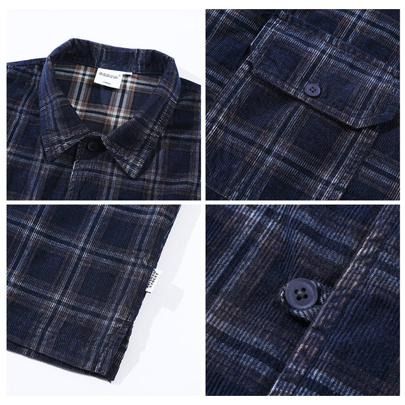 Camisa Cuadros Corduroy Manga Corta Suelta Unisex