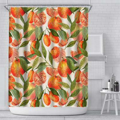 Shower curtain with a vibrant digital print of orange berries and green leaves on a light blue background, in a modern bathroom. - Image 2