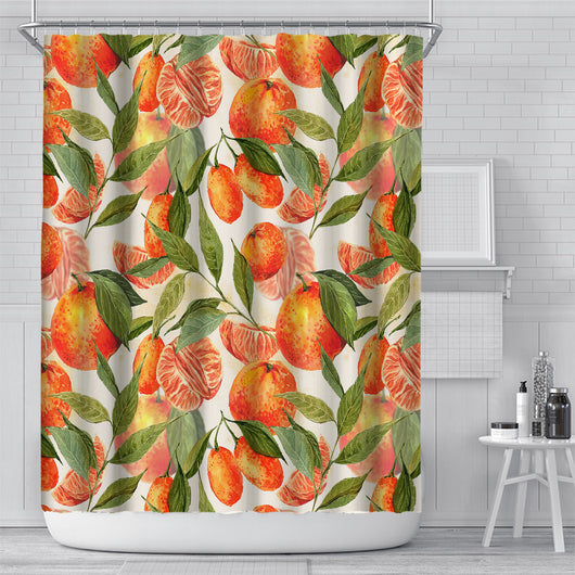 Shower curtain with a vibrant digital print of orange berries and green leaves on a light blue background, in a modern bathroom. - Image 2