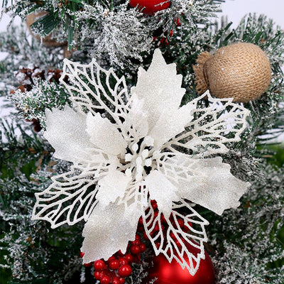 Flores Navideñas Artificiales con Brillo - Adornos para Árbol de Navidad y Decoración del Hogar