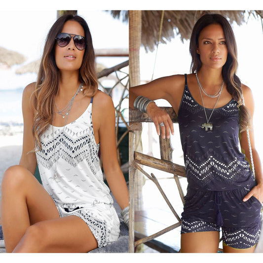 Jumpsuit Elástico con Estampado de Olas y Cintura Ajustable