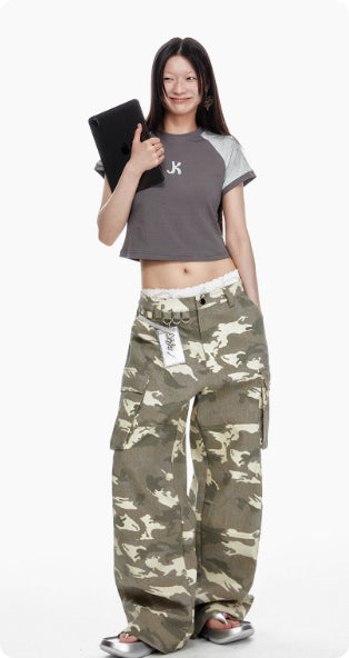 Pantalones Vaqueros Camuflaje Desteñido con Múltiples Bolsillos y Efecto Gastado - Image 9