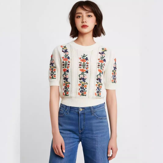 Blusa Tejida con Bordado de Flores Exquisitas