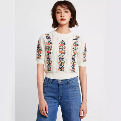 Blusa Tejida con Bordado de Flores Exquisitas