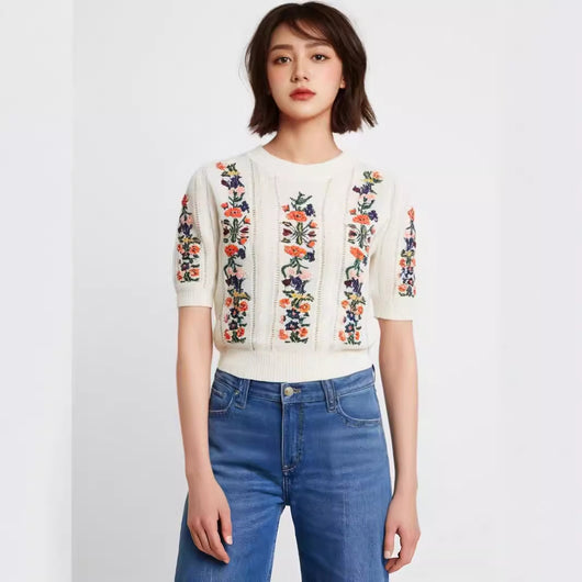 Blusa Tejida con Bordado de Flores Exquisitas