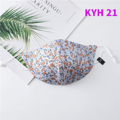 White silk face mask with light blue floral pattern and adjustable ear loops for women's sun protection. - Image 22