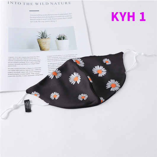 White silk face mask with light blue floral pattern and adjustable ear loops for women's sun protection. - Image 42