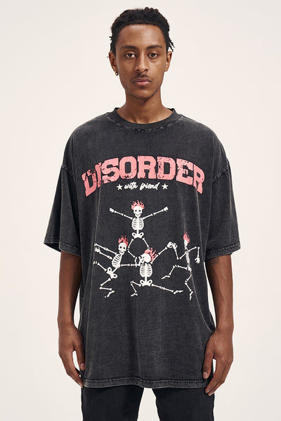 Camiseta Oversized Vintage Estampado Hueso Lavado para Hombre