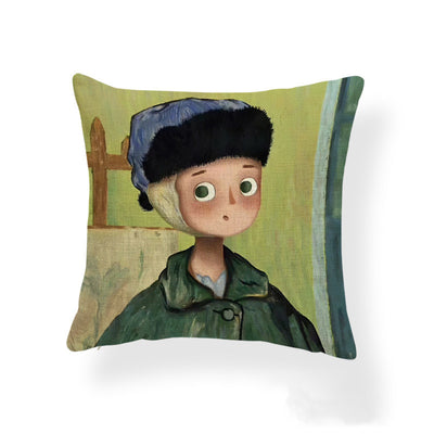 Funda de Almohada Estampada Niña Caricatura Cojín Pintura al Óleo Tela Mixta - Image 11