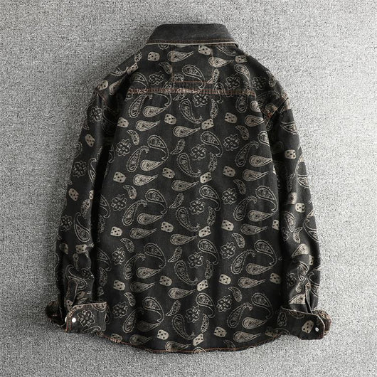 Camisa Denim Retro Lujo Suave con Patrón Paisley - Manga Larga Estilo Americano - Image 25