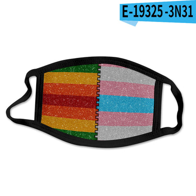 Rainbow camouflage face mask with horizontal stripes of red, orange, yellow, green, and blue, bordered by black fabric. - Image 5