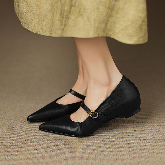Pumps Retro Francés Punta Fina de Piel de Oveja para Mujer