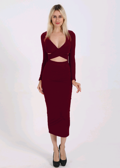 Vestido Ajustado Escote V con Mangas Largas Caladas - Image 9