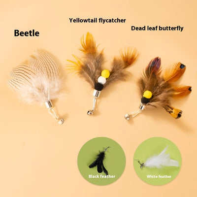 Three distinct feather cat toy replacement heads: a light 'Beetle', a brown and yellow 'Yellowtail flycatcher' with pom-poms, and a multi-colored 'Dead leaf but - Image 8