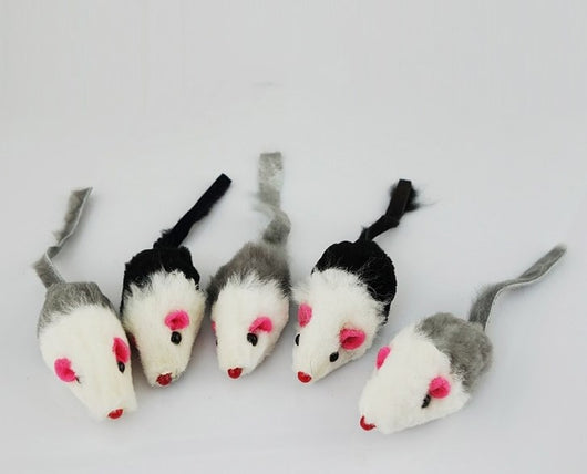 Five fake mouse cat toys with white bodies, grey or black backs, pink ears, black eyes, and red noses. - Image 4