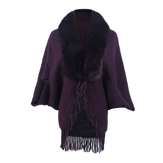 Capa Abrigo Tejida con Cuello de Piel y Borlas para Mujer - Image 4