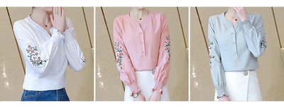 Blusa de Algodón con Escote V y Bordado Plisado Manga Larga - Image 9