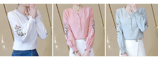 Blusa de Algodón con Escote V y Bordado Plisado Manga Larga - Image 9