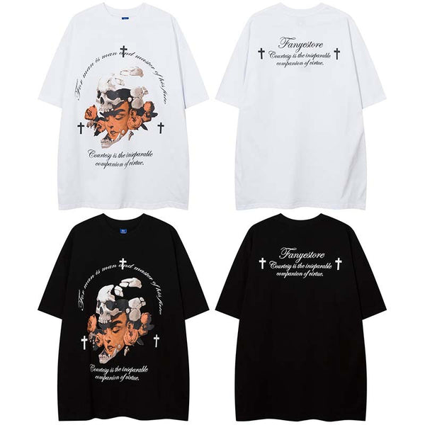 Camiseta Casual Estilo Urbano con Estampado Calavera y Letras Retro