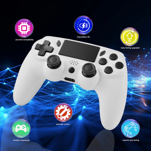 Red game controller with black buttons, D-pad, and dual analog sticks for P4 host gaming.