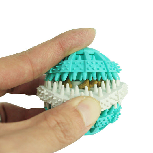 Two-tone teal and off-white dog molar toy with textured nubs and ridges, designed for chewing and dental health. - Image 3