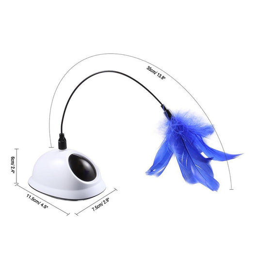 Electric cat toy with a white dome base, a flexible black rod, and a vibrant blue feather attachment. - Image 6