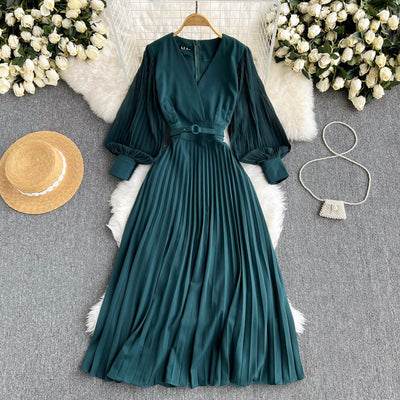 Vestido Retro Francés Escote V Cintura Ajustada Hermana Real
