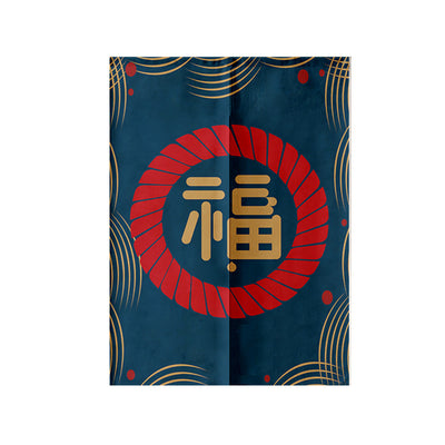 Red fabric door curtain with white polka dots and a repeating pattern of a lucky cat holding a gold coin, surrounded by flowers. - Image 42