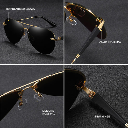 Classic rimless aviator sunglasses with black metal frames and dark black-gray polarized lenses on a white background. - Image 9