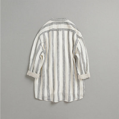 Camisa de Lino Suelta a Rayas con Cuello Tipo Stand - Manga 3/4 Casual Retro - Image 4