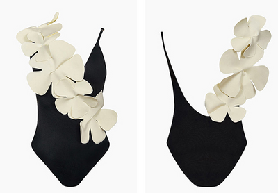 Light pink one-piece bikini with large cream floral appliques on the left shoulder and torso, worn by a woman. - Image 3