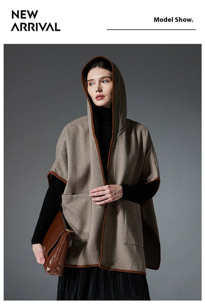 Poncho Capa de Lana Reversible con Patrón Espiga y Capucha - Image 14