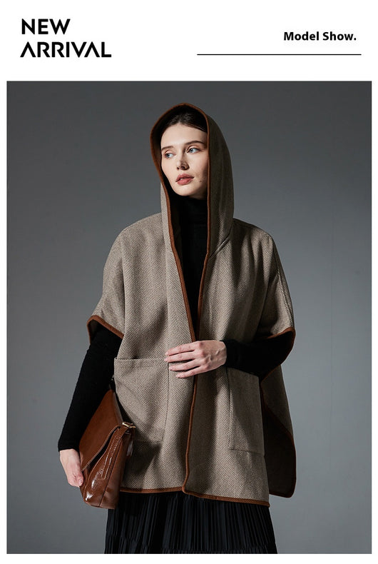 Poncho Capa de Lana Reversible con Patrón Espiga y Capucha - Image 14