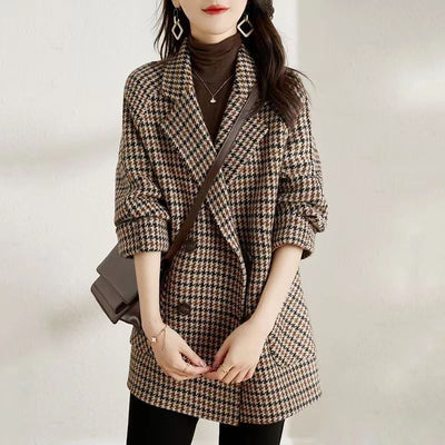 Abrigo de Lana Cuadros Houndstooth con Cuello Tipo Blazer para Mujer - Image 5