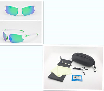 Black sports sunglasses with blue polarized lenses, shown from a front view and a three-quarter side view. - Image 25