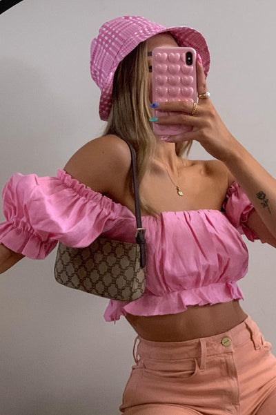 Blusa Rosa con Mangas Burbuja y Hombros Descubiertos - Image 3