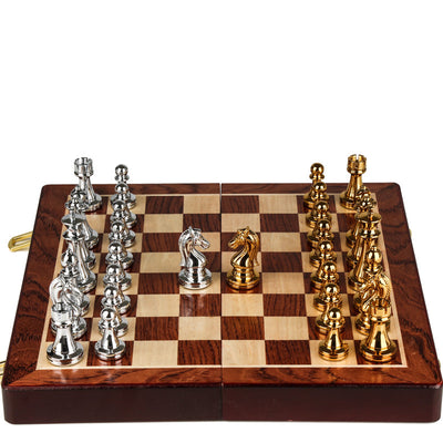Juego de Ajedrez Premium en Caja de Regalo con Tablero Metálico Bronce Plegable