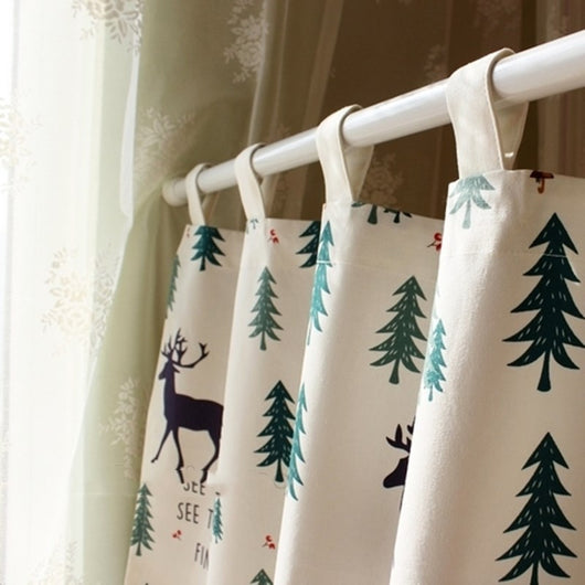Christmas elk and pine tree short kitchen curtain with tab top and scalloped lace trim, featuring text. - Image 5