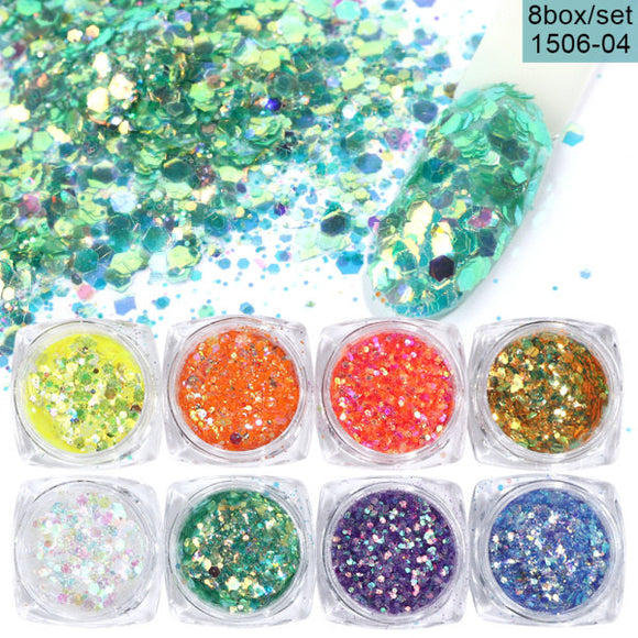 Set de 8 Cajas de Polvo Glitter para Diseño de Uñas