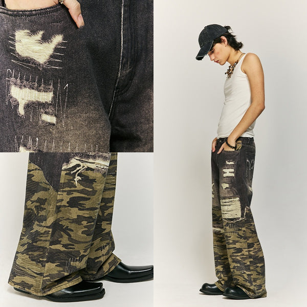 Pantalones Jeans Rectos Holgados con Estampado Digital Barba de Gato