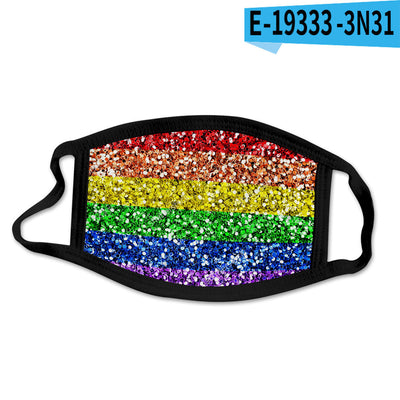 Rainbow camouflage face mask with horizontal stripes of red, orange, yellow, green, and blue, bordered by black fabric. - Image 13