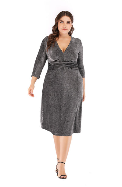 Vestido de Fiesta Midi en Seda Brillante con Escote V y Cintura Alta - Tallas Grandes - Image 10