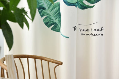 Cream curtain with large green banana leaf and tropical leaf digital print, suitable for a modern living room. - Image 5