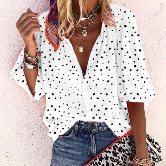 Blusa Estampada de Manga Larga con Cuello en V y Botones para Mujer - Image 8