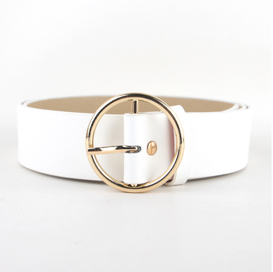 Black faux-leather women's belt with a shiny gold-tone round pin buckle, displayed on a white background. - Image 10