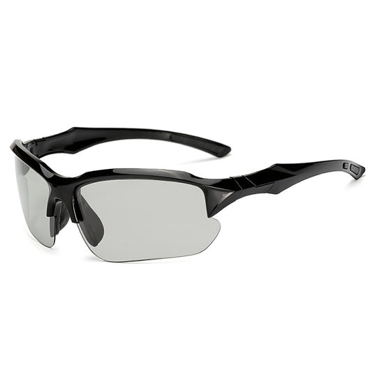 Black sports sunglasses with blue polarized lenses, shown from a front view and a three-quarter side view. - Image 3