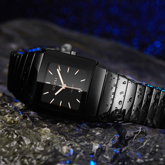 Reloj de Cuarzo Plateado con Diamantes y Carátula Cuadrada para Hombre